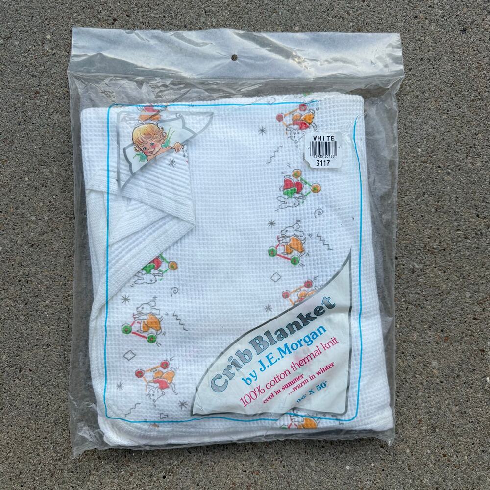 Vintage J.E. Morgan Crib Blanket 100% Cotton Thermal Knit Cartoon Bunnies NEW
